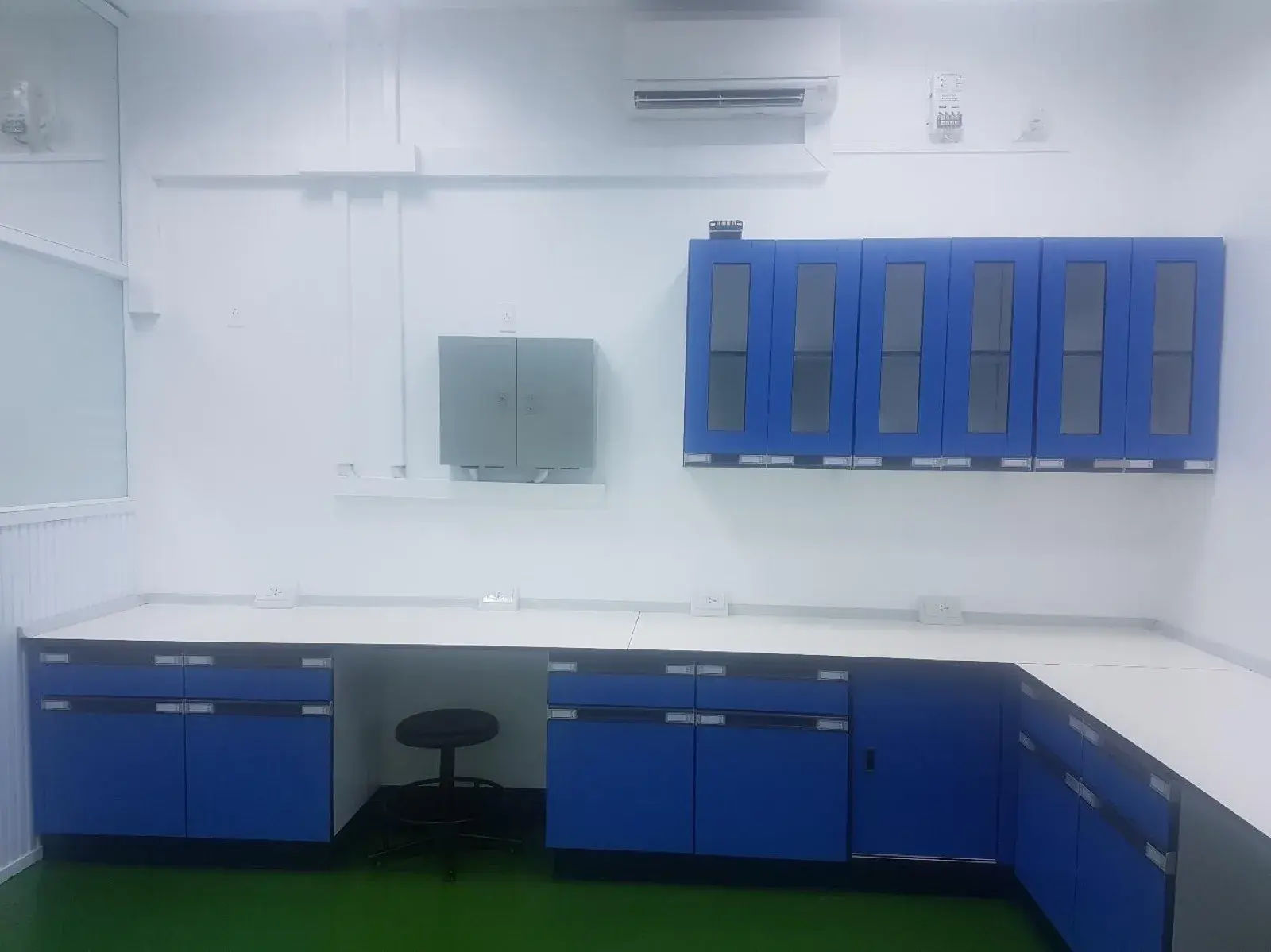 The rebuilt immunology laboratory — full bench run, wall cabinets and epoxy flooring