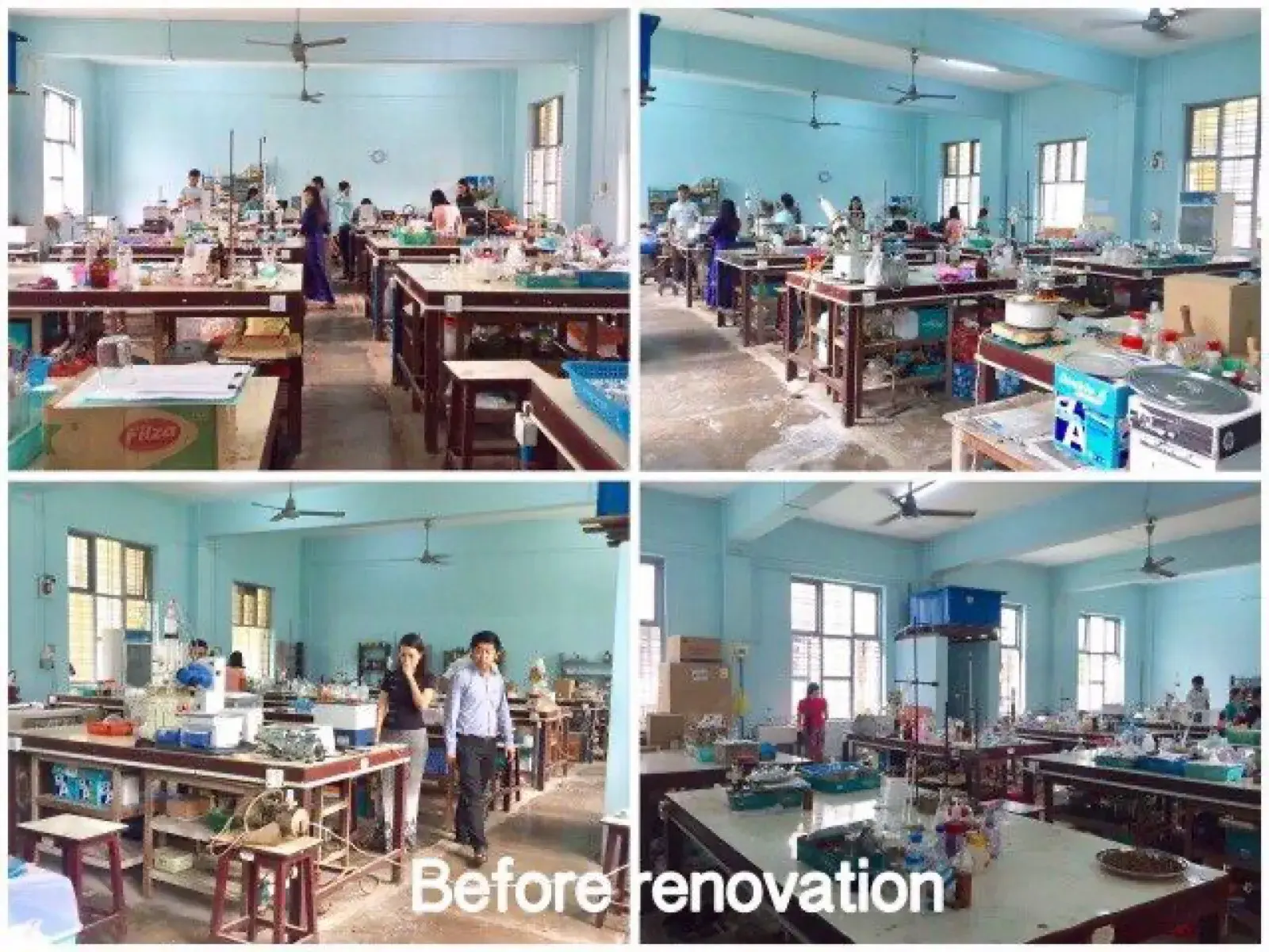 The chemistry teaching laboratory before renovation — timber benches and open shelving